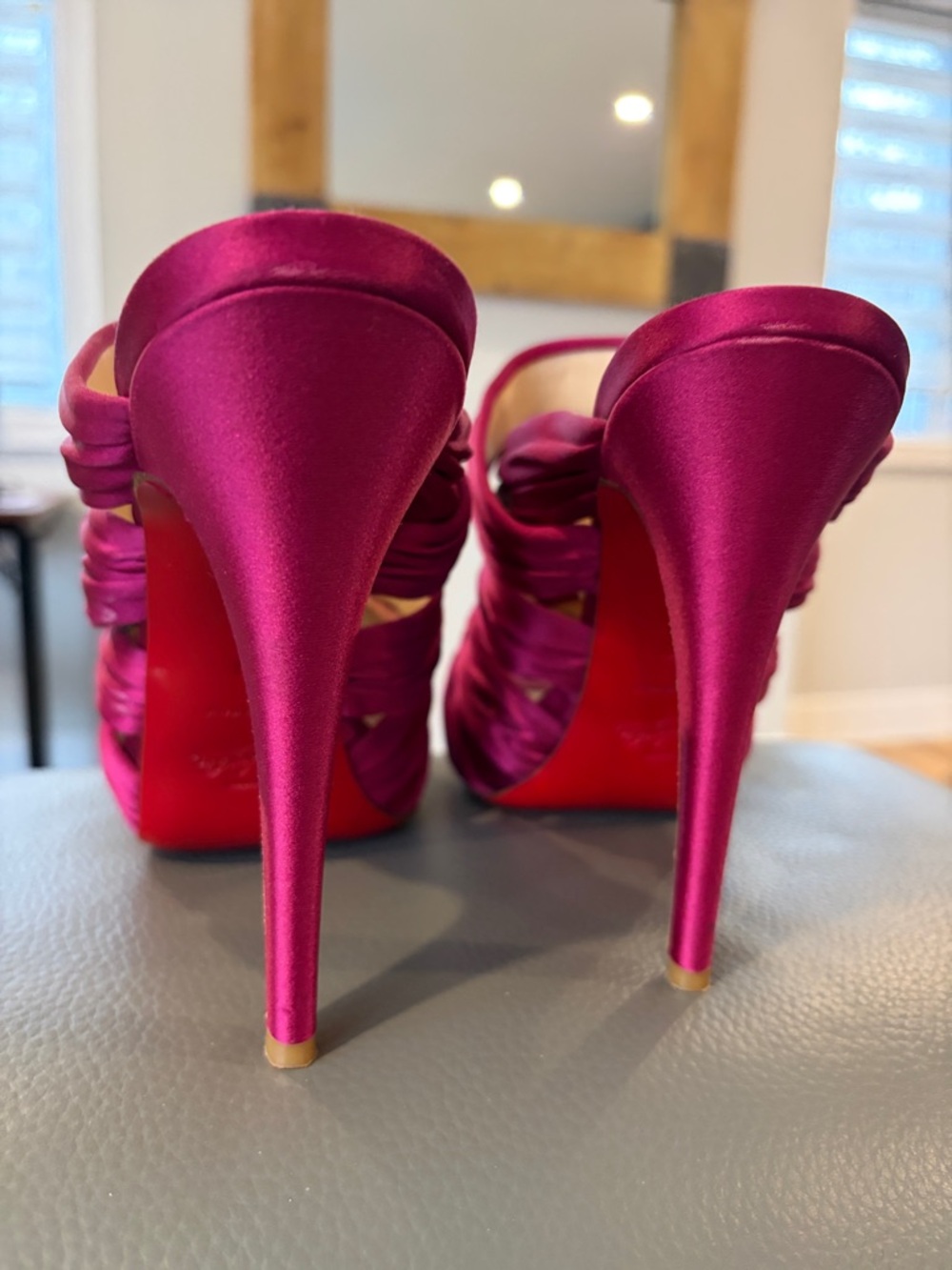 Christian Louboutin Magenta Satin Strappy Platform Heels - Picture 5 of 10